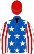 Royal blue, white stars, red and white striped sleeves, red cap