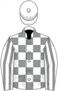 White, grey checked, white sleeves, grey striped, white cap
