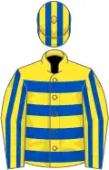 Yellow, royal blue hoops, striped sleeves, royal blue and yellow striped cap