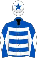 Royal blue and white hoops, diabolo on sleeves, white cap, blue star