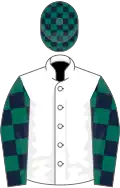 White, dark blue and dark green checked sleeves and cap