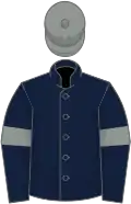 Dark blue, grey armlets and cap