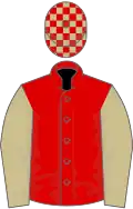 Red, beige sleeves, beige and red check cap