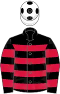 Black, crimson hoops, white cap, black spots
