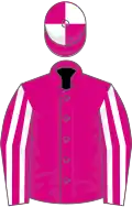 Cerise, cerise and white striped sleeves, quartered cap