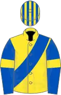 Yellow, royal blue sash, royal blue sleeves, yellow armlets, striped cap