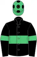 Black, emerald green hoop and armlets, emerald green cap, black spots