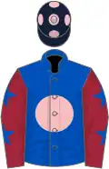 Royal blue, pink disc, maroon sleeves, royal blue stars, dark blue cap, pink spots