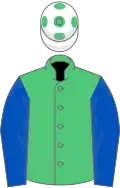 Emerald green, royal blue sleeves, white cap, emerald green spots