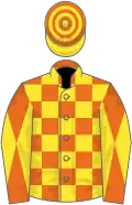 Orange and yellow check, diabolo on sleeves, yellow and orange hooped cap