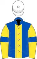 Royal blue, yellow stripe, yellow sleeves, royal blue armlets, white cap