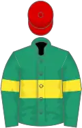 Green, yellow hoop and armlets, red cap
