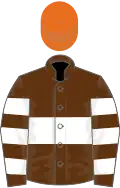 Brown, white hoop, hooped sleeves, orange cap