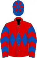 Red, royal blue triple diamond, chevrons on sleeves, royal blue cap, red diamonds