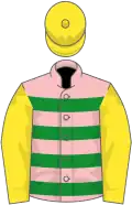 Pink and green hoops, yellow sleeves and cap
