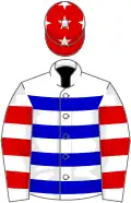 White, blue hooped, white sleeves, red hooped, red cap, white stars