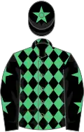 Emerald green and black diamonds, black sleeves, emerald green stars, black cap, emerald green star