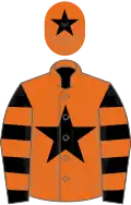 Orange, black star , black and orange hooped sleeves, orange cap, black star