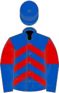 Royal blue, red chevrons, red and royal blue halved sleeves, royal blue cap