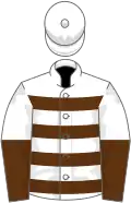 White, brown hoops, halved sleeves, white cap