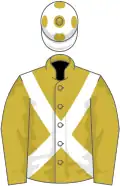 Old gold, white cross belts, white cap, old gold spots