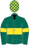 Green, yellow hoop and armlets, check cap