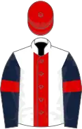 White, Red stripe, Dark Blue sleeves, Red armlets, Red cap