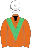 Orange, emerald green chevron, white cap