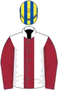 White, maroon panel and sleeves, royal blue and yellow striped cap