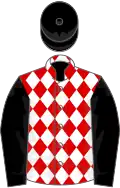 Red and white diamonds, black sleeves and cap