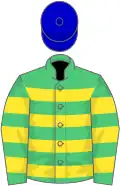 Emerald green and orange hoops, royal blue cap