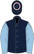Dark blue, light blue sleeves, pink and green hoop on cap