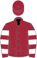 Maroon, white hooped sleeves, maroon cap