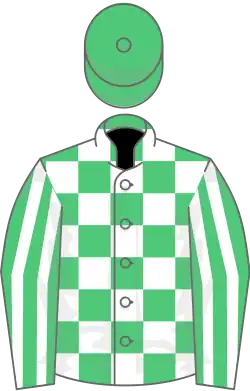 White, green checked, white sleeves, green striped, green cap