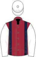 Maroon, dark blue braces, white sleeves and cap