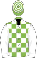 Light green and white check, white sleeves, hooped cap