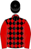 Black and red diamonds, red sleeves, black cap