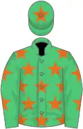 Emerald green, orange stars, emerald green cap, orange star