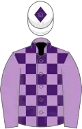 Mauve and purple check, mauve sleeves, white cap, purple diamond