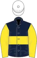 Dark blue, yellow hoop and sleeves, white cap