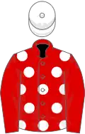 Red, white spots, red sleeves, white cap