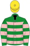 Green and pink hoops, yellow cap