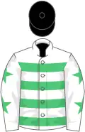White, emerald green hoops, white sleeves, emerald green stars, black cap