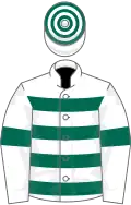 White, dark green hooped, white sleeves, dark green armlets, white cap, dark green hooped
