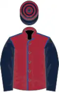 Maroon, royal blue seams, dark blue sleeves, dark blue and maroon hooped cap
