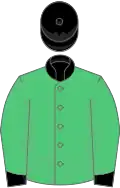 Emerald green, black collar, cuffs and cap