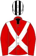 Red, white cross-belts, black and white striped cap