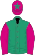 Emerald green, cerise sleeves, cerise cap, emerald green star
