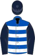 Royal blue, white hoops, dark blue sleeves and cap
