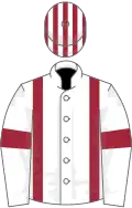 White, maroon braces and armlets, striped cap